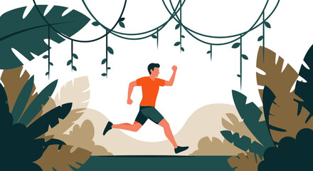 Man running in a jungle scene, representing adventure, competition and physical activities