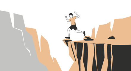 Man Running Towards Cliff Edge, Jumping Over Gap Depicting Courage and Ambition