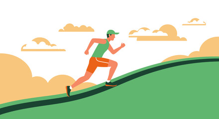 Man Running Upwards in Lush Illustrated Scene Depicting Physical Exercise and Effort