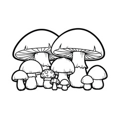 Black and white illustration of a cluster of various mushrooms fungi outline