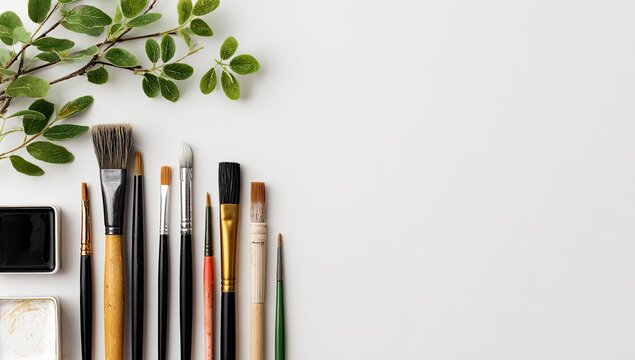 Flat lay of art supplies.  Green sprigs and paintbrushes on a white surface