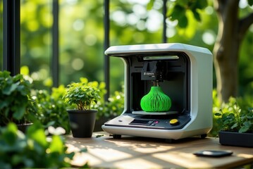3d printing machine: Environmentally conscious 3D printer using green recycled filament, showcased in a vibrant botanical garden with plant life enveloping the machine.