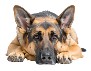 Loyal Gaze of German Shepherd: A majestic German Shepherd with alert, intelligent eyes rests, embodying loyalty and the enduring bond between humans and their canine companions.