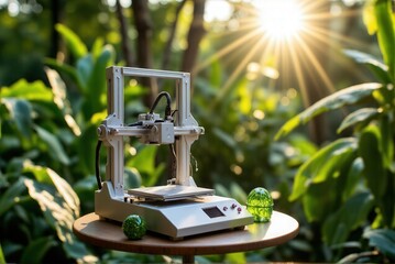 3d printing machine: Sustainable 3D printing with green recycled filament in an outdoor botanical garden, integrating technology and nature harmoniously.