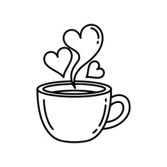Black and white line drawing of a coffee cup with hearts rising as steam love romance