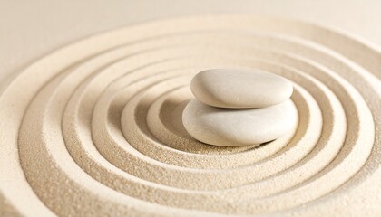 Naklejka premium Peaceful composition of stacked white stones on raked sand, representing balance, harmony, and meditation