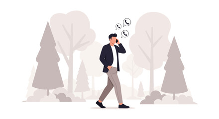 Man Walking in Park Talking on Phone, Modern Illustration Vector Design