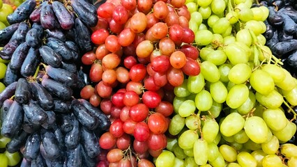 Close-up of three fresh grape varieties-dark purple, red, and green-displayed in plump, juicy bunches at a market.