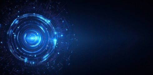 Abstract, glowing, blue, circular digital design on dark background.  Complex concentric circles and lines create a futuristic, technological aesthetic