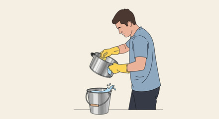 Man Washing A Pot, Illustrated Depiction of Kitchen Cleaning, Household Tasks.