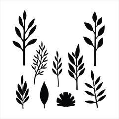 Fototapeta premium Collection of black botanical silhouettes on white background leaf plant