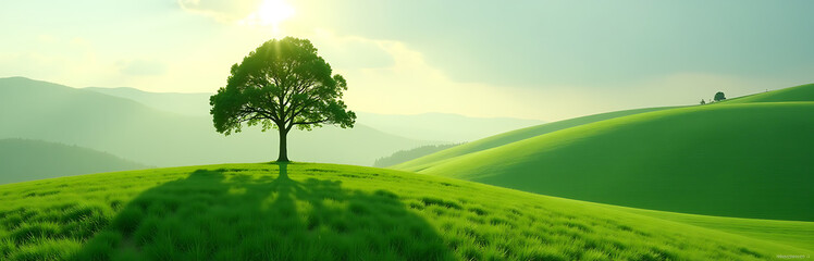 Fototapeta premium solitary tree long shadow stretches across lush hillside fading gently soft diffused morning light serene
