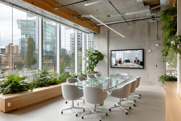A sleek conference room showcases a glass table surrounded by ergonomic chairs