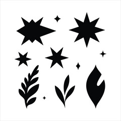 Obraz premium Black abstract starbursts and botanical elements on white background sparkle shine