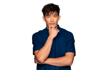 Thoughtful young Asian man in a blue polo shirt, with hand on chin, looking directly at the camera