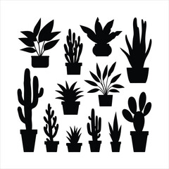 Fototapeta premium Collection of black silhouette potted plants and cacti on white background cactus succulent