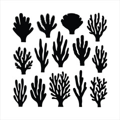 Fototapeta premium Collection of black coral silhouettes on a white background ocean underwater