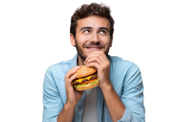 Delighted young man holding a hamburger, looking up and smiling