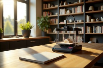 3d printing machine: Compact 3D printer on wooden desk printing a miniature architecture model, with sunlight streaming through the window, surrounded by plants and a bookshelf.