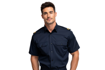 Confident handsome Pilot in a dark blue uniform shirts, smiling and looking at the camera