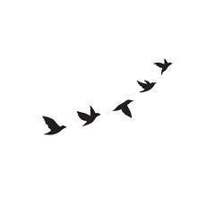 "Flock of flying birds vector silhouettes, triangle geese in autumn sky, invitation postcard card illustration on white background."