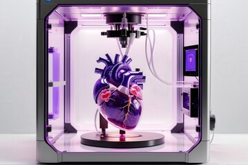 3d printing machine: Medical lab SLA 3D printer fabricates a transparent heart model using purple UV resin, highlighting cutting-edge technology in anatomy and healthcare research.