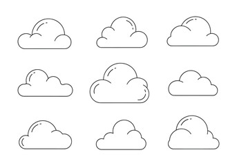 Obraz premium Collection of fluffy cartoon cloud shapes outline drawing style