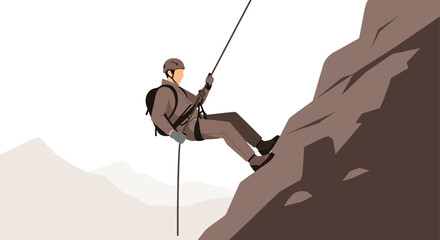 Mountaineer Descending Steep Rock Face, Depicting Bravery in Pursuit of Adventure