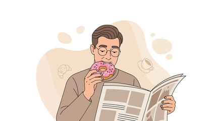 Man enjoying glazed donut while reading newspaper with coffee cup and croissant illustrations