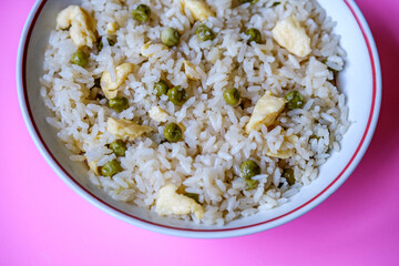 London UK, September 01 2025, Bowl of Chinese Style Egg Fried Rice With No People