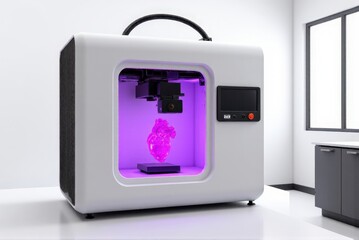3d printing machine: SLA 3D printer in sterile medical lab printing a transparent anatomical heart model, with the UV resin vat glowing purple under precise conditions.