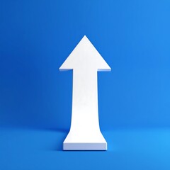 A white arrow points upward against a solid blue background.  Simple, clean design