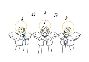 Three angels sing joyful christmas carols together in harmony