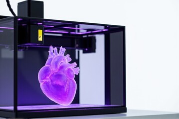 3d printing machine: Advanced SLA 3D printer producing an anatomical transparent heart in a sterile lab environment, featuring a purple UV resin vat for precise medical modeling.