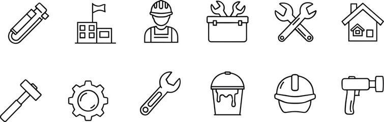 Construction, tools, home improvement, repair, maintenance, worker, gear, hammer, wrench, toolbox, paint, helmet, nail gun, building, house, icon, vector, outline, equipment, DIY