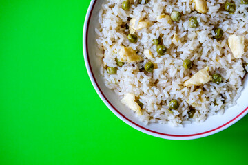 London UK, September 01 2025, Bowl of Chinese Style Egg Fried Rice With No People