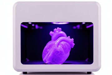 3d printing machine: SLA 3D printer in sterile medical lab printing a transparent anatomical heart model, with the UV resin vat glowing purple under precise conditions.