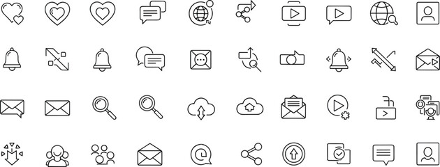 User interface, icons, communication, settings, heart, speech bubble, envelope, bell, cloud, play button, profile, share, search, minimal, outline, digital, navigation, interaction, vector, web