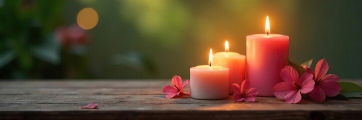Aromatherapy candles burning brightly on a wooden table, creating a calming and relaxing atmosphere perfect for stress relief Soft lighting enhances the peaceful ambiance , wooden table, insomnia