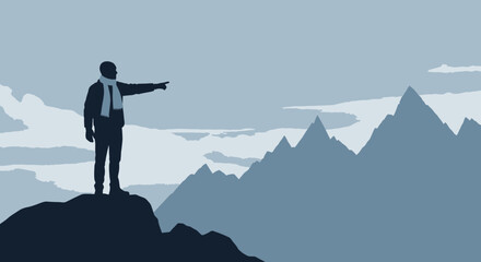 Obraz premium Man Pointing Towards The Majestic Mountains, Conceptual Illustration Of Adventure And Direction