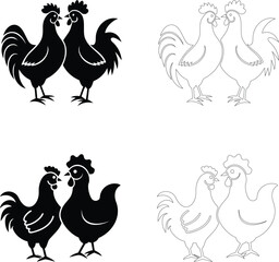 Silhouette of a rooster and hen facing each other, bold flat black design