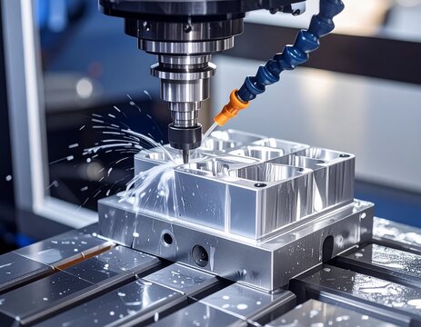 CNC milling machine processing on steel with cooling