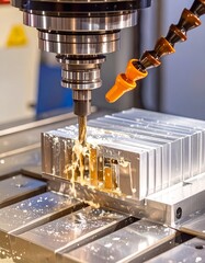 CNC milling machine processing on steel with cooling