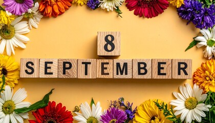 Wooden Blocks with Date 8 September. Floral Calendar – Vibrant Flowers on Solid Colored Background