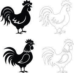Silhouette of a rooster crowing with raised head and open beak, bold flat black vector