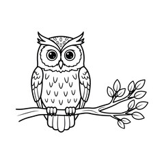 Black and white cartoon owl perched on a branch with leaves bird drawing