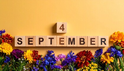 Wooden Blocks with Date 4 September. Floral Calendar – Vibrant Flowers on Solid Colored Background