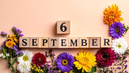 Wooden Blocks with Date 6 September. Floral Calendar – Vibrant Flowers on Solid Colored Background