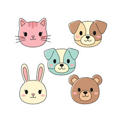 Cute cartoon animal faces including cat dog bunny and bear cat face dog face
