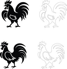 Silhouette of a rooster in fighting stance with wings spread, flat bold black vector